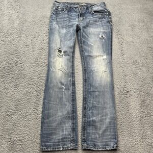 BKE Buckle Derek Straight Jeans Mens 33L 33x33 Blue Whiskers Distressed Cowboy